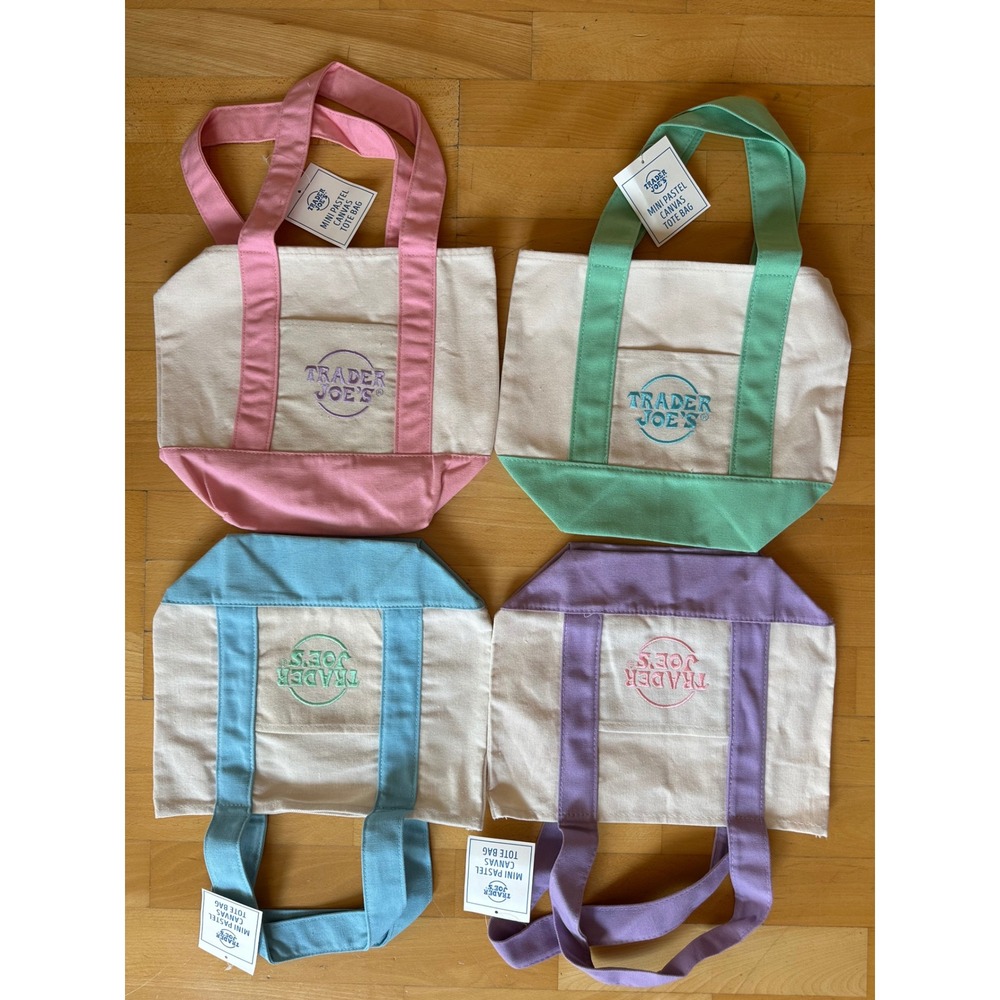 Trader Joes Mini Pastel Canvas Tote Bag Set of 4 Pink Green Blue Purple NWT